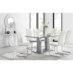 Edzard Double Pedestal High Gloss Dining Table Set with 6 Modern Faux Leather Dining Chairs