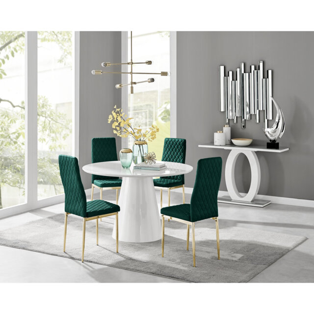 Beca Statement Pedestal Round Dining Table Set & 4 Luxury Velvet Dining Chairs