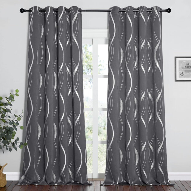 Silver Wave Line Foil Grey Blackout Curtains, Grey, 117 x 229 cm, 2 Panels