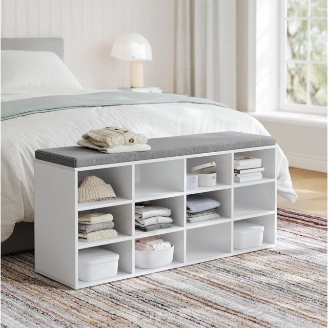 Shoe Bench With Padded Seat, With Cushion, 12 Compartments, Adjustable Shelves