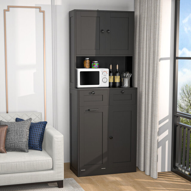 Double-Tier Bathroom Storage Cabinet with Dual Side-Door Compartments, Central Open Shelf, Two Pull-Out Drawers, and Twin Removable Laundry Hampers –