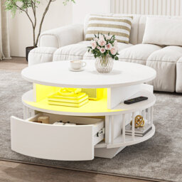 Modern Fluted Round LED Centre Table Gloss White Coffee Table with 2-Tier Storage & Drawers