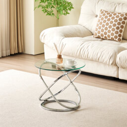 Round Abstract Tempered Glass Side Table Chrome Effect Frame