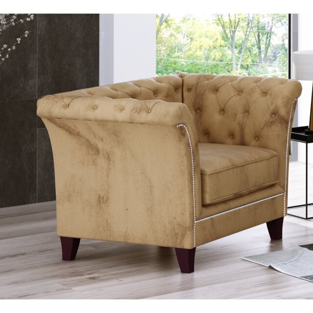 Chesterfield Armchair Made of Velvet Fabric with Solid Wood Legs