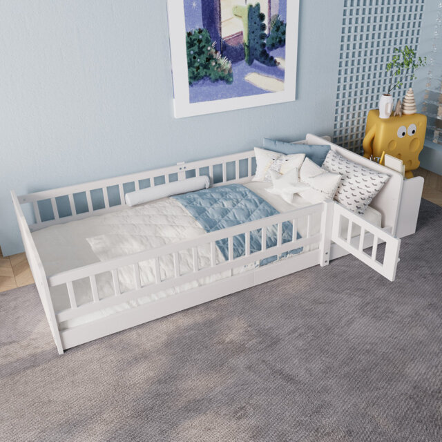 Wooden Bed Frame With Storage Shelves & Safety Fence