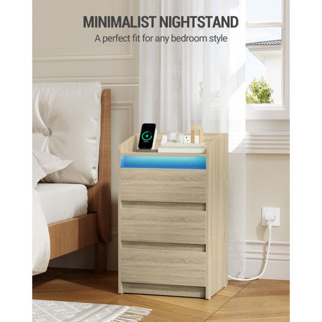 Bedside Table with 3 Drawers, Bedside Cabinet, Side Table with Charging Station and LED, 2 AC and 2 USB Ports, Nightstand for Bedroom, Living Room, En