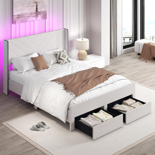 King Size Bed Frame Dutch Velvet Upholstered Platform Bed w/LED Lights