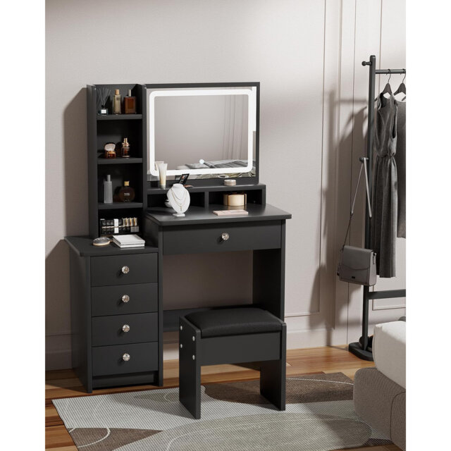 90cm Black Dressing Table with Large Mirror and Adjustable Lights for Girls and Adults,Stool Included