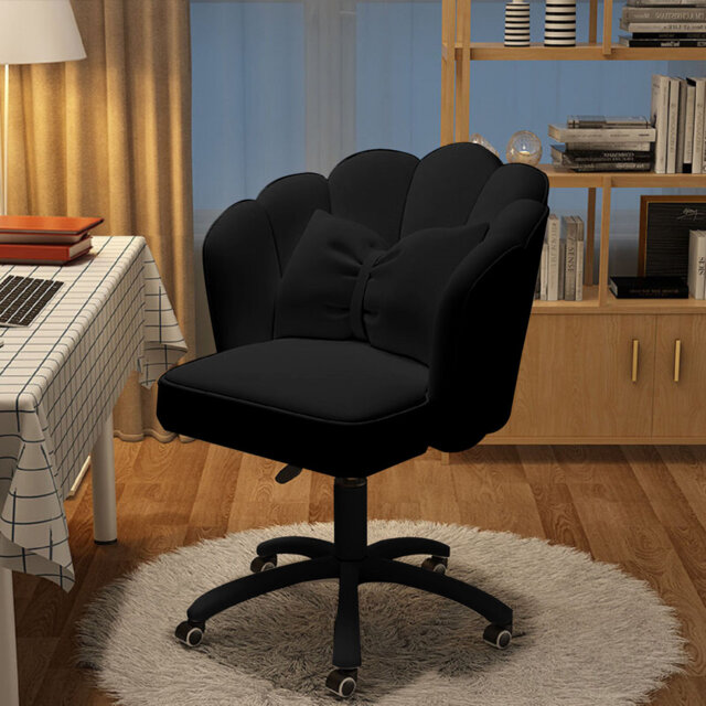 Petal Velvet Mid Back Swivel Vanity Desk Chair with Bow Cushion and Rolling Casters, White