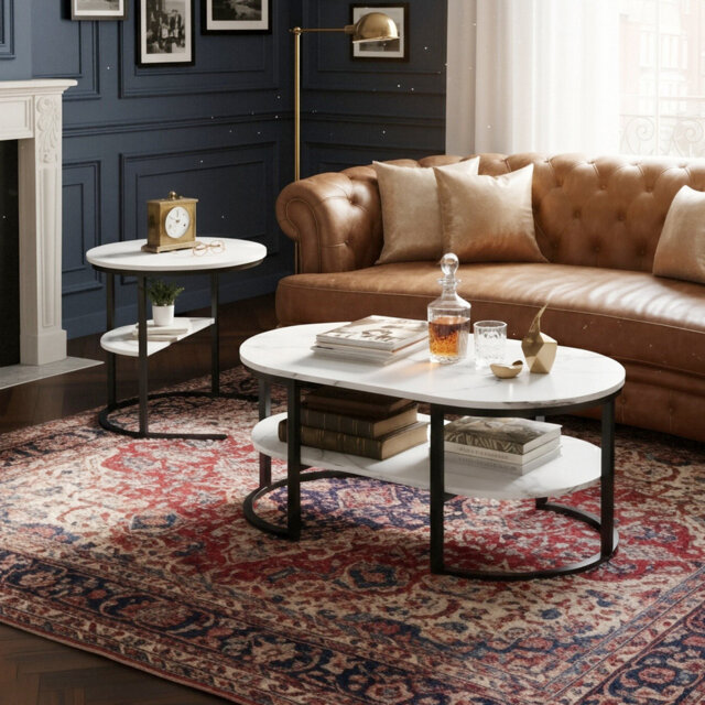 80Cm Modular Coffee Table Set (Set Of 2), Interlocking Round Side Table & Oval Table With Shelf,