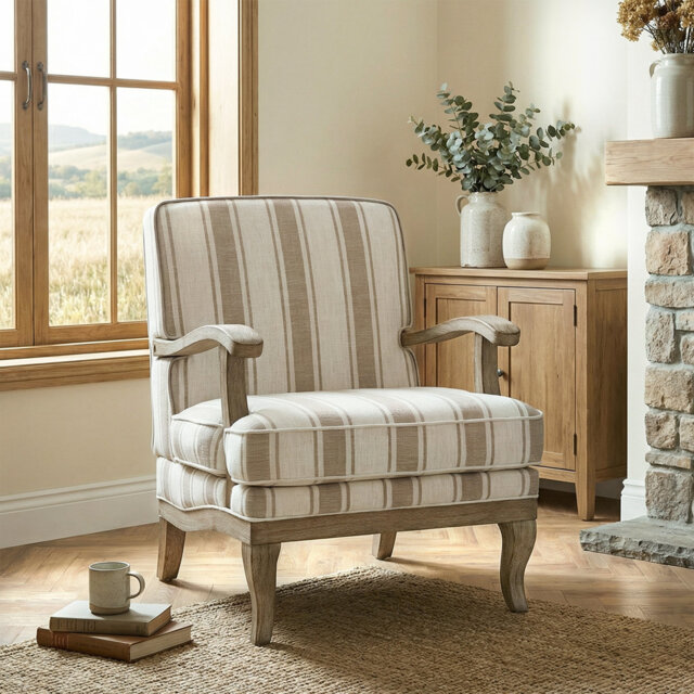 Peppone Country Wooden Upholstered Armchair with Solid Wood Armrests