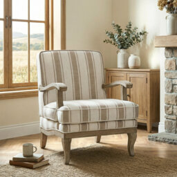 Peppone Country Wooden Upholstered Armchair with Solid Wood Armrests