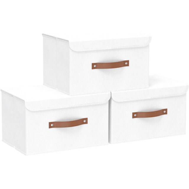 Storage Boxes With Lids 3 Pack, Collapsible Bin With Handle, For Organizing Clothes, 33X23x20cm, White, SNK018WL-S