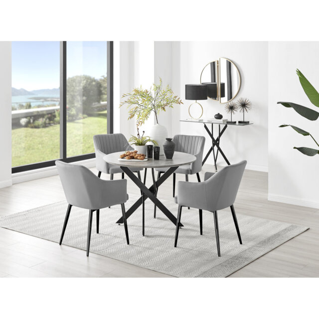 Tierra Modern Chrome Metal & Glass Round Dining Table Set with 4 Luxury Button Velvet Chairs