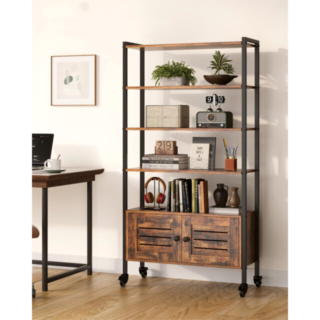 Bookshelf With Doors, Storage Shelf, Large Bookcase With Casters, 5 Tier Industrial Shelves, Adjustable Free Standing Display Shelf For Living Room, O