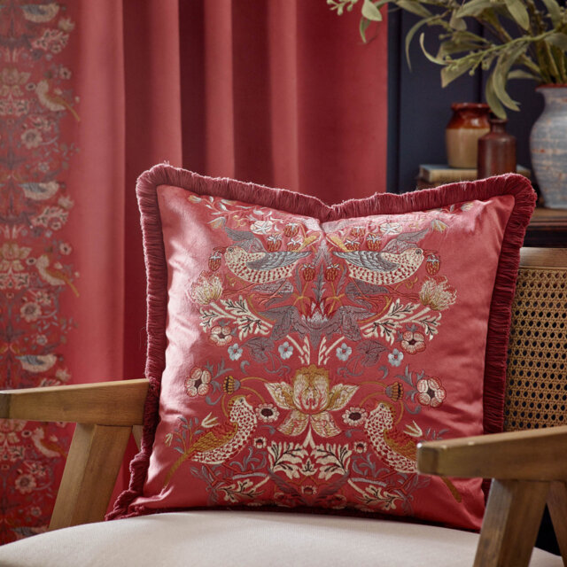 Strawberry Thief Embroidered Velvet Cushion