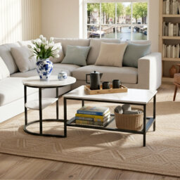 80Cm Modular Coffee Table Set (Set Of 2), Interlocking Round Side Table & Rectangular Table With Shelf, Gold & Black