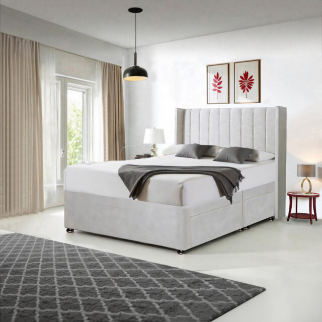 Cream Plush Milan Bed & Mattress Sets - Divan Bed Base with Wingback Headboard & 2 Storage Drawers - Bedroom Furniture