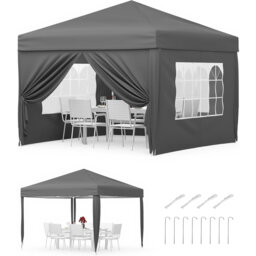 Pop Up Folding Gazebo 3x3m, Waterproof with UV Protection 50+, Height Adjustable, Stable Steel Frame, 4 Side Panels, Pegs, Ropes, Sandbags & Carrying