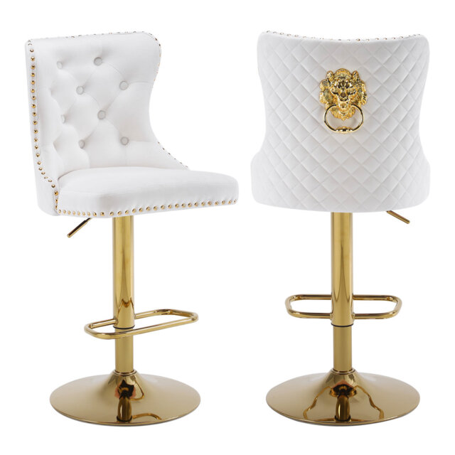 Swivel Velvet Bar Stools With Lion Head Pull Ring For Kitchen Island And Bar