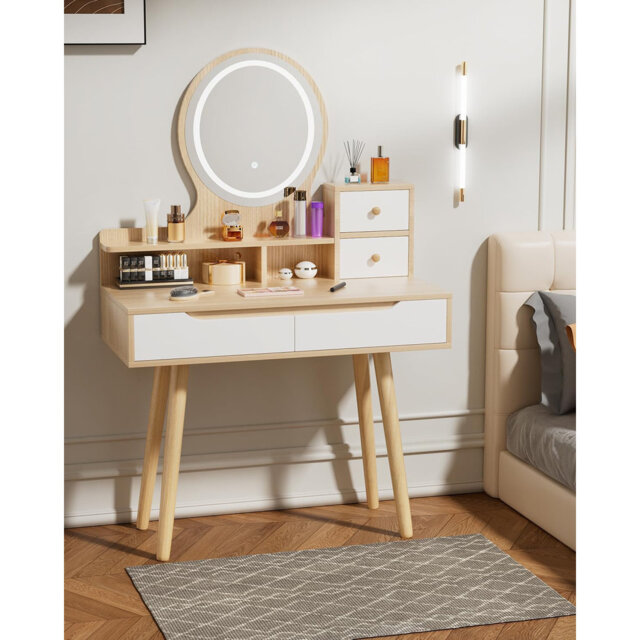 80cm Dressing Table with Mirror and Lights, Oak