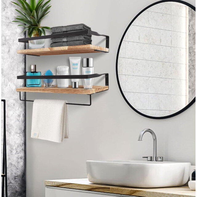 Floating Shelves Wall Mounted Shelf, Solid Wood Shelf, Towel Bar 8 Hooks