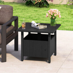 Garden Side Table, Square Small Patio Coffee Table With 4.8Cm Umbrella Hole, 2 Sand Bags And Storage, Metal Frame Outdoor Snack Tea End Bistro Tables