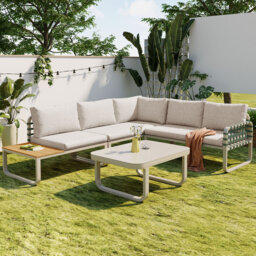 Outdoor Sofa Set 6-Piece, Corner Design With Table & Coffee Table, Grey Cushions