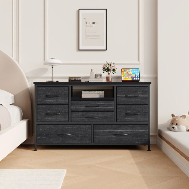 8 Drawer Fabric Dresser TV Stand with RGB LED & Power Outlet - Sturdy Wood Top Chest of Drawers for Bedroom/Living Room, Lightweight Storage Dresser f