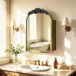 Vintage Bronze Arched Bathroom Mirror Cabinet Recessed / Surface Mount Medicine Cabinet