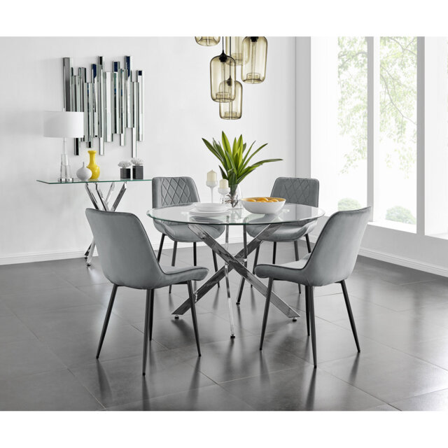 Tierra Modern Metal & Glass Round Dining Table Set with 4 Luxury Velvet Dining Chairs