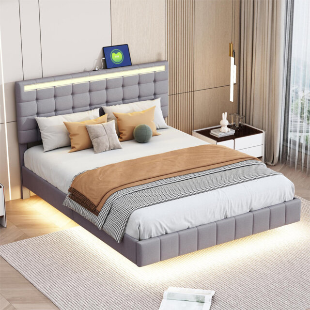 Upholstered Bed 140 X 200 Cm, Upholstered Floating Bed Frame With Led Lights Linen