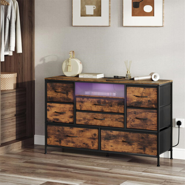 Chest Of 8 Drawers, Dressing Table With Charging Station, TV Cabinet With LED, 2 Sockets And 2 USB, Fabric Drawer Unit