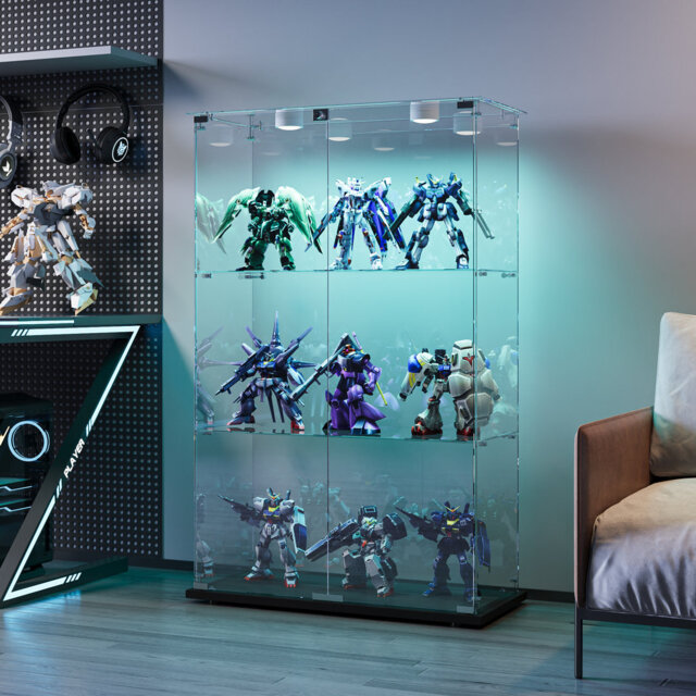 "48.5"" Glass Display Cabinet With 2 Shelves, Floor Standing Curio Display Cabinets With LED And 2 Doors, Modern Display Case For Living Room Bedroom"