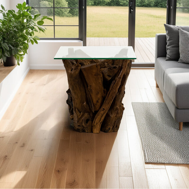 Aggelos Modern Teak Root Glass Stool - Handcrafted Natural Wood Side Table with Tempered Glass