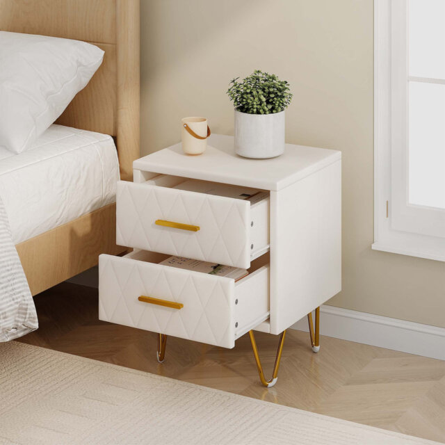 Set Of 2 Beige PU Leather Upholstered Bedside Tables With Gold Metal Legs & Handles – 2 Drawers, Modern Luxury Design