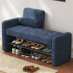 118 cm Dark Blue Shoe Bench With Open Storage Space and a Soft Cushioned Seat