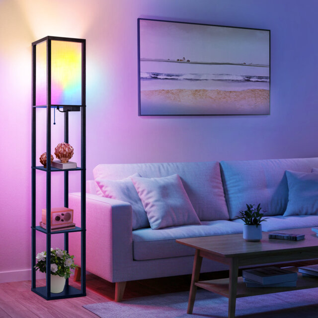 4-Tier Smart Shelf Floor Lamp with RGBCW Bulb, Music Sync, USB Charging, Black