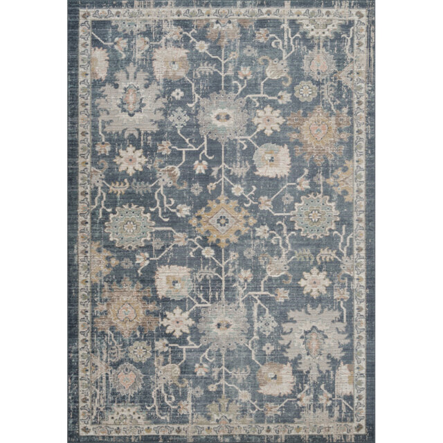Washable Living Room Traditional Lagoon Floral Area Rug – Soft Polypropylene Weaving, Low Pile, Non Slip Cotton Backing for Elegant Indoor Spaces, Nav