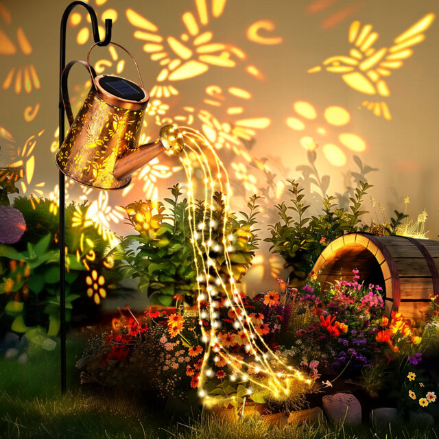 GIGALUMI Solar Watering Can Lights Outdoor Garden, Waterproof Metal Water Can Ornaments with String Lights, Solar Hanging Lantern with Bracket for Yar