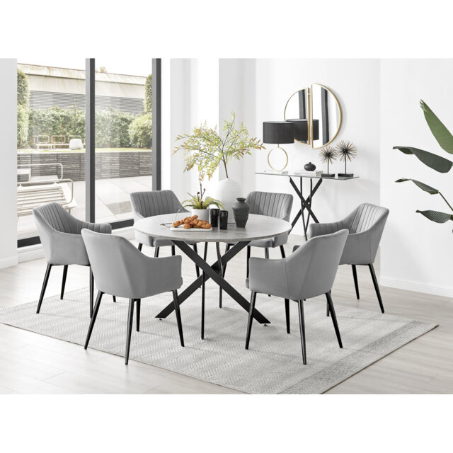 Tierra Modern Chrome Metal & Glass Round Dining Table Set with 6 Luxury Button Velvet Chairs