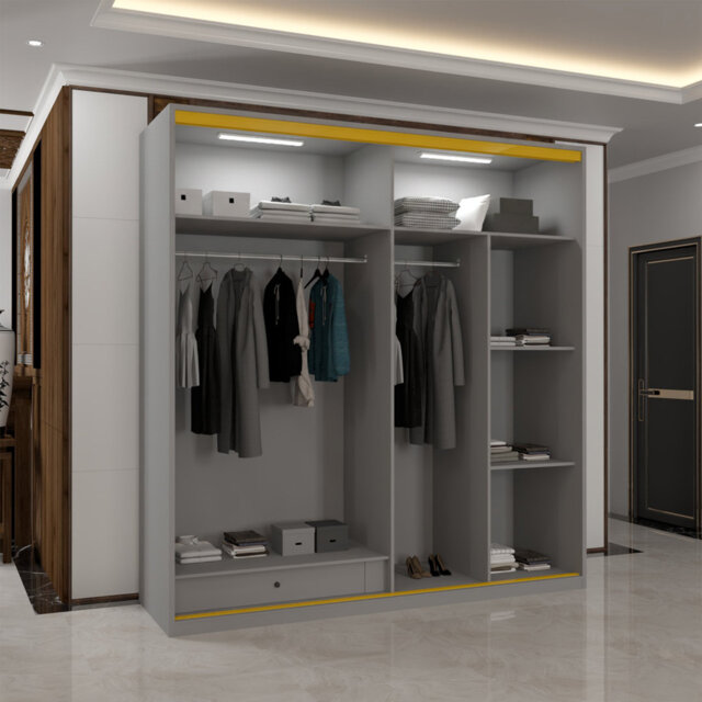 Luxury 2-Door Sliding Wardrobe with Universal Glass Panels, Dual LED Lighting, Golden Trim & Customizable Doors, 200cm Wide