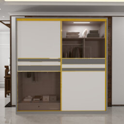 Luxury 2-Door Sliding Wardrobe with Universal Glass Panels, Dual LED Lighting, Golden Trim & Customizable Doors, 200cm Wide