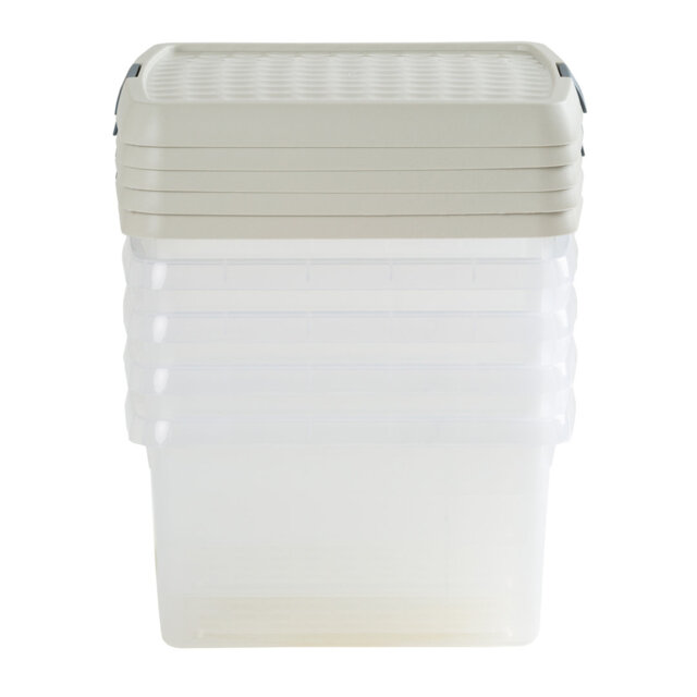 Wham Clip 5x 9L Square Plastic Storage Boxes with Secure Clip Lock Lids. L:29 x W:29 x H:15.5cm Clear/Green Milieu/Stone