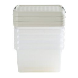 Wham Clip 5x 9L Square Plastic Storage Boxes with Secure Clip Lock Lids. L:29 x W:29 x H:15.5cm Clear/Green Milieu/Stone