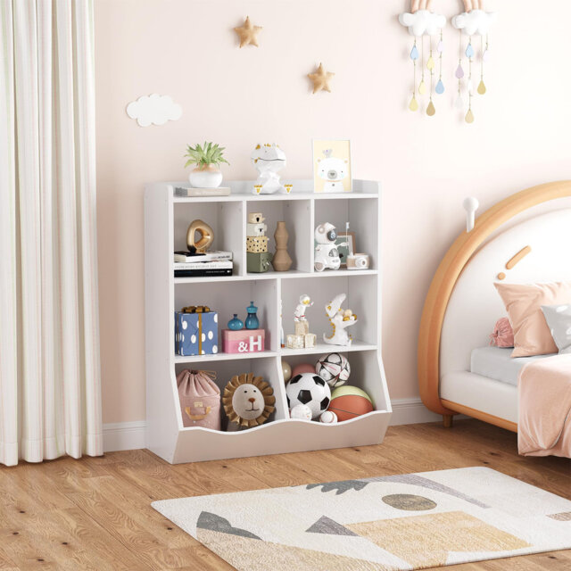 3-Tier Toy Storage Organizer with Bookshelf, Kids Bookshelf with Cubby Organizer Cabinet, Wooden Bookcase for Playroom, Nursery, Kids Room, Kindergart