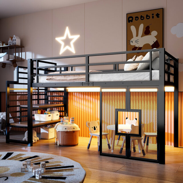 Metal Loft Bed 90 X 200 Cm With Storage Stairs And LED Lights