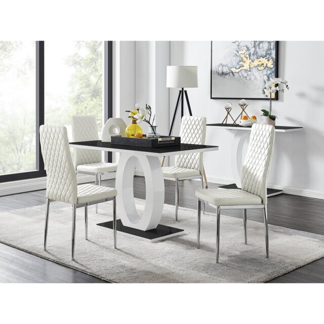 Scottsmoor High Gloss Halo Dining Table Set & 4 Luxury Faux Leather Dining Chairs - Modern Design