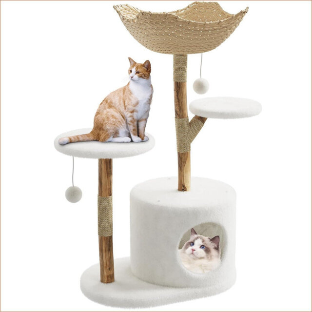 "43"" Modern Natural Wood Cat Tree for Cats Aesthetic Cat Tower with Large Basket, Scratching Posts and Real Branch Design, White Luxury Cats Tree One P"