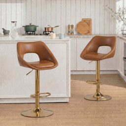 Wahson Bar Stools Set of 2 in PU Leather Modern Chic Swivel Counter Chairs with Hollow Backrest for Home Bar Kitchen, Brown